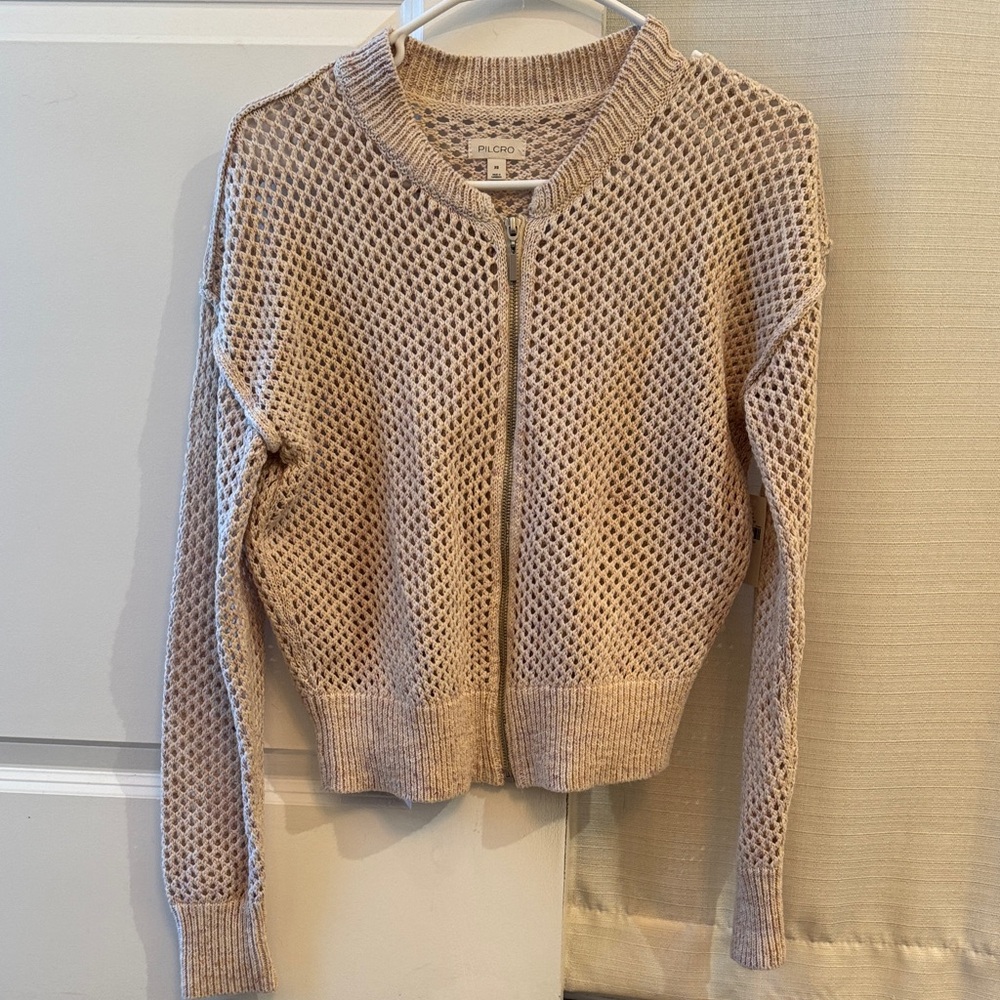 Pilcro Open-Weave Zip Front Cardigan in Beige